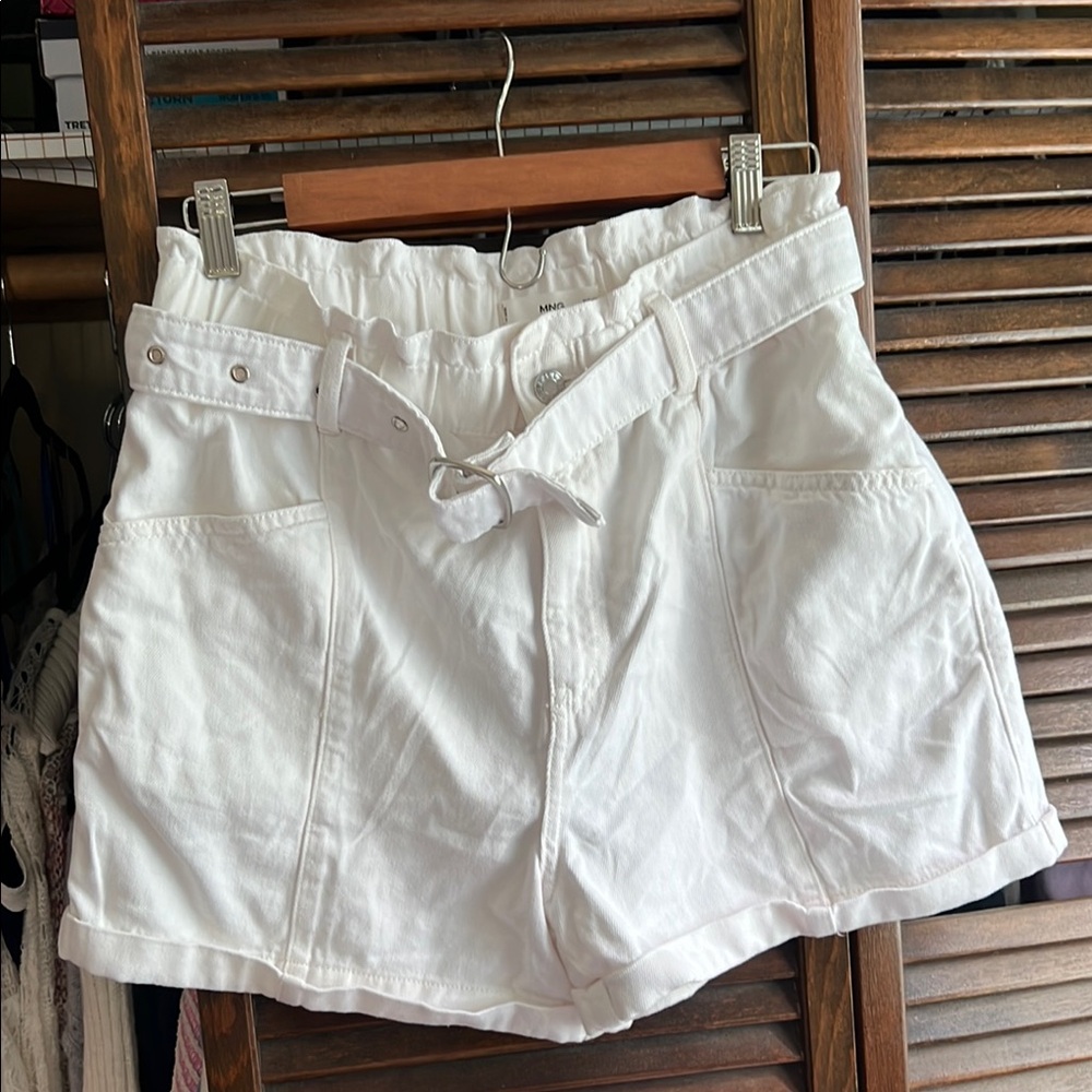 Mango White High Waist Paper Bag Shorts